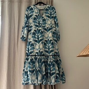 Olivia James the Label Lydia Dress Damask Sky Ikat Floral Blockprint Midi Dress